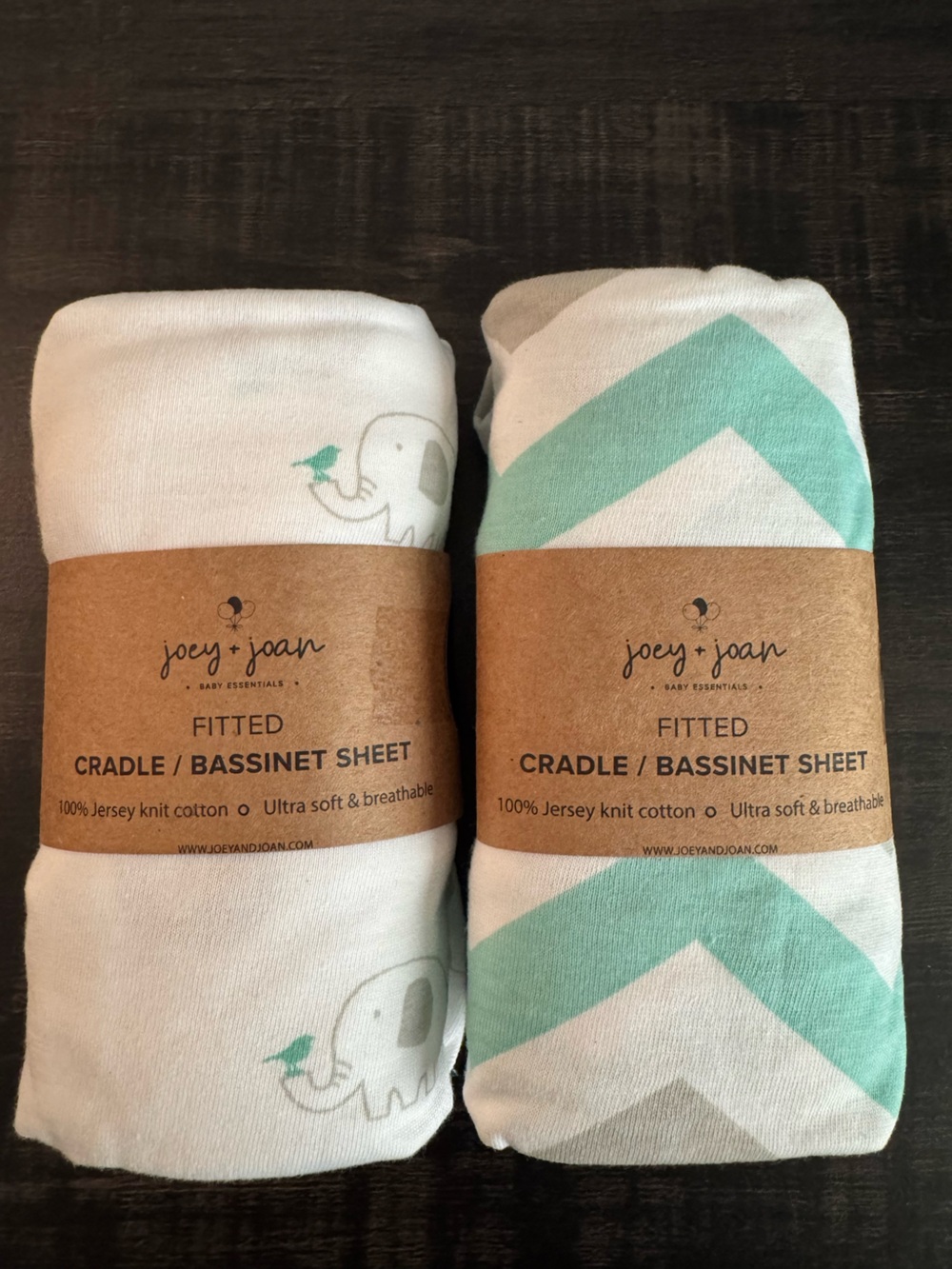 Joey + Joan Cradle Fitted Sheets 2 Pack 18x36 Elephants Chevron Jersey Cotton